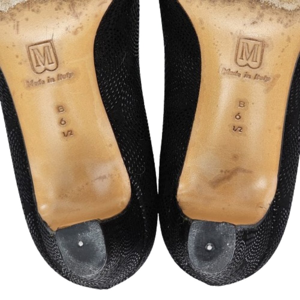 Bruno Magli Black Suede Embossed Vintage Mid Alomond Toe Pump Heel Shoes Sz 6.5 - Picture 11 of 13